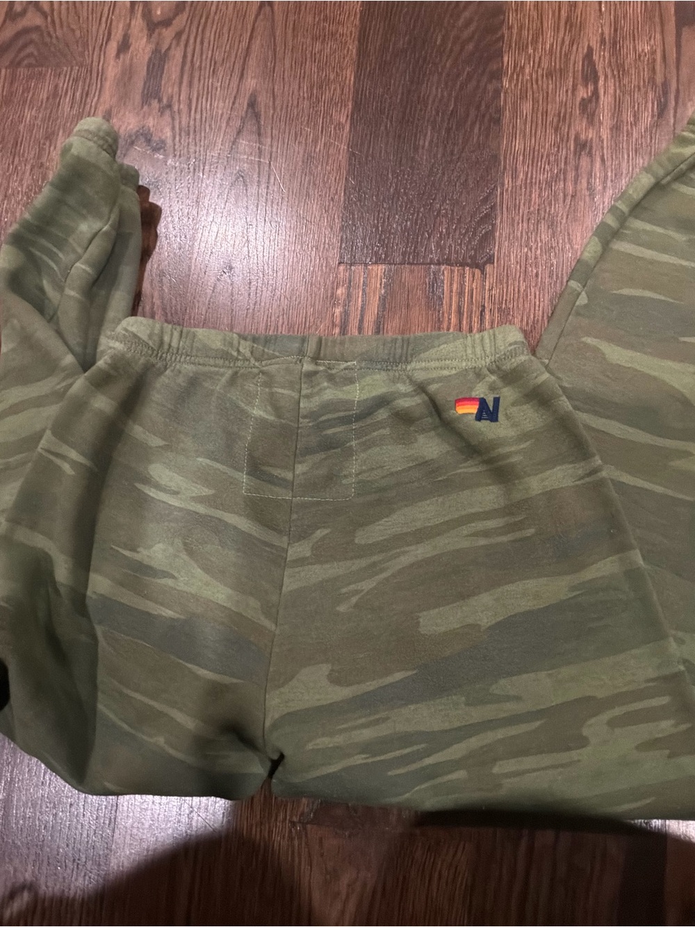 Aviator Nation Olive Green Camo Kids Sweatpants with Rainbow Patch - Picture 2 of 5